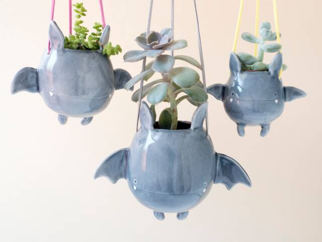 Flying Bat Hanging Plant Holder. A Cute Vase in Ceramic. Handmade Italy. Halloween Decoration - image 1