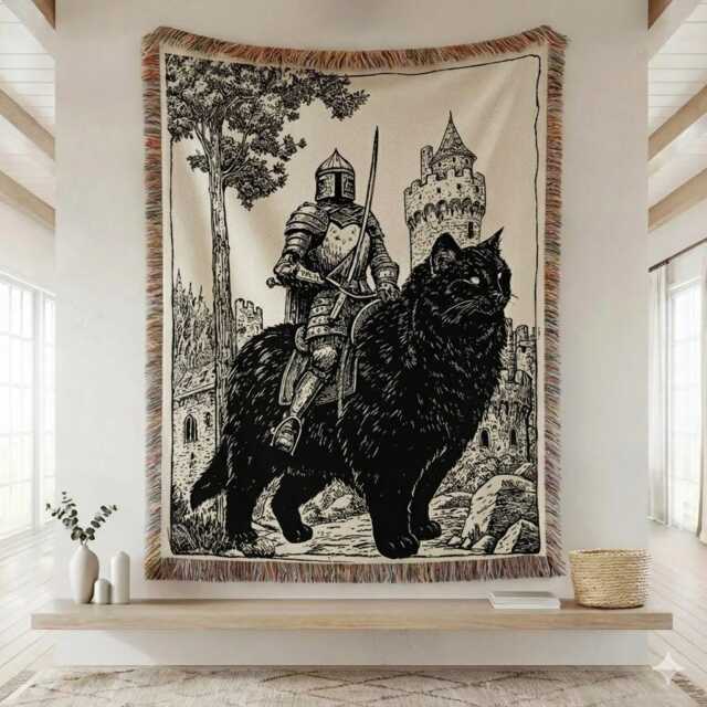 Knight Riding Black Cat Woven Blanket, Funny Medieval Tapestry, Weird Vintage Throw Fantasy Home Decor - image 1