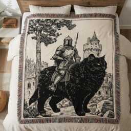 Knight Riding Black Cat Woven Blanket, Funny Medieval Tapestry, Weird Vintage Throw Fantasy Home Decor - thumbnail 3