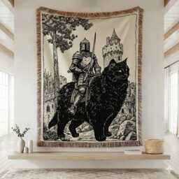 Knight Riding Black Cat Woven Blanket, Funny Medieval Tapestry, Weird Vintage Throw Fantasy Home Decor - thumbnail 1