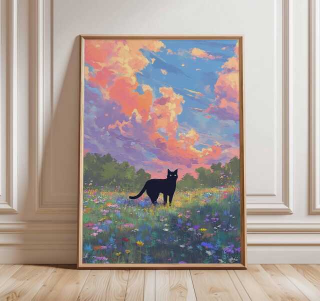 Black Cat Wildflower Field Print, Whimsical Painting, Dreamy Sunset Sky Wall Art Poster Nursery Decor Lover Gift - image 1