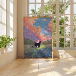 Black Cat Wildflower Field Print, Whimsical Painting, Dreamy Sunset Sky Wall Art Poster Nursery Decor Lover Gift - thumbnail 3