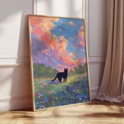 Black Cat Wildflower Field Print, Whimsical Painting, Dreamy Sunset Sky Wall Art Poster Nursery Decor Lover Gift - thumbnail 2