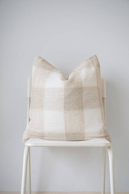 Hmong Batik Pillow Cover Neutral Tan Plaid, Ethnic Home Decor - image 1