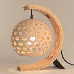 Mid-Century Curved Wood Table Lamp, Ceramic Globe Accent - Naaya Curvey Moon - thumbnail 2