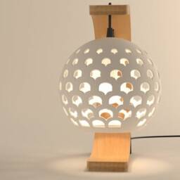 Mid-Century Curved Wood Table Lamp, Ceramic Globe Accent - Naaya Curvey Moon - thumbnail 3