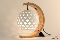 Mid-Century Curved Wood Table Lamp, Ceramic Globe Accent - Naaya Curvey Moon - thumbnail 1