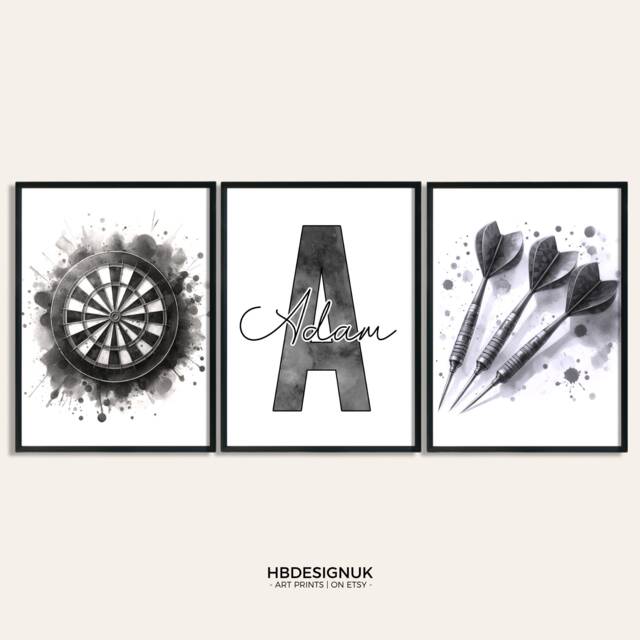 Custom Darts Bedroom Print Set - 3 Personalised Dart Posters - Sport Player Gift Dartboard Prints Boys Gifts Gaming Room Artwork - image 1