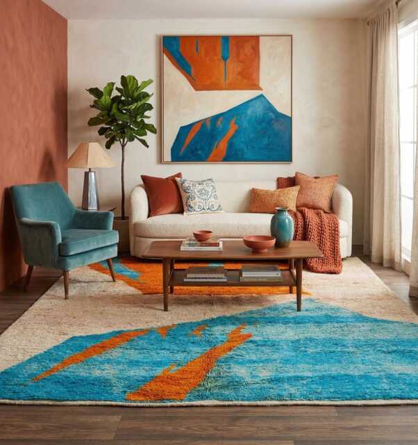 Handmade Wool Abstract Moroccan Rug, Orange Blue Contemporary Carpet - image 1