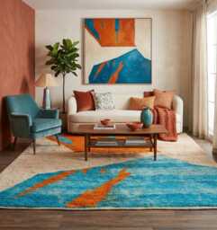 Handmade Wool Abstract Moroccan Rug, Orange Blue Contemporary Carpet - thumbnail 1