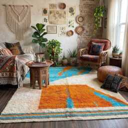 Handmade Wool Abstract Moroccan Rug, Orange Blue Contemporary Carpet - thumbnail 2