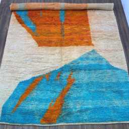 Handmade Wool Abstract Moroccan Rug, Orange Blue Contemporary Carpet - thumbnail 3
