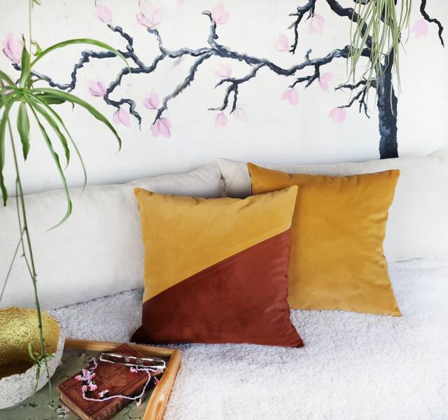 Terracotta & Yellow Velvet Pillow Cover Diagonal Modern Home Decor - image 1