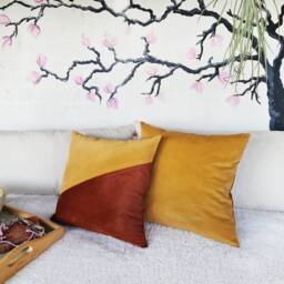 Terracotta & Yellow Velvet Pillow Cover Diagonal Modern Home Decor - thumbnail 2