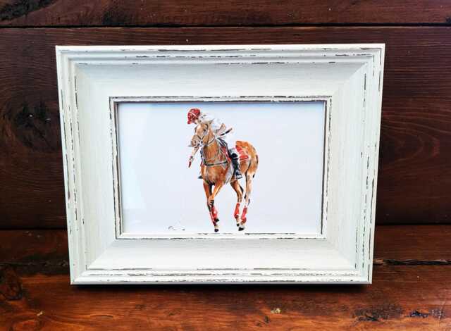 Polo Player Print 17x12cm - White Rustic Frame - Equestrian Sport Wall Art, Gift For Horse Lovers - image 1