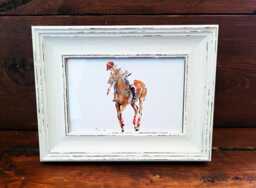 Polo Player Print 17x12cm - White Rustic Frame - Equestrian Sport Wall Art, Gift For Horse Lovers