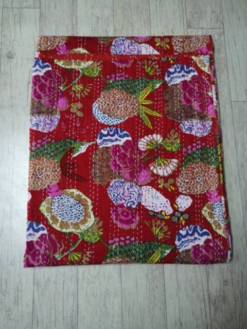 Handmade Indian Red Fruit Kantha Quilt, Decorative Bedspread - 90 X 108 Inches - image 1