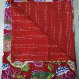 Handmade Indian Red Fruit Kantha Quilt, Decorative Bedspread - 90 X 108 Inches - thumbnail 3