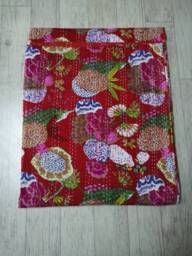 Handmade Indian Red Fruit Kantha Quilt, Decorative Bedspread - 90 X 108 Inches - thumbnail 1