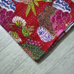 Handmade Indian Red Fruit Kantha Quilt, Decorative Bedspread - 90 X 108 Inches - thumbnail 2