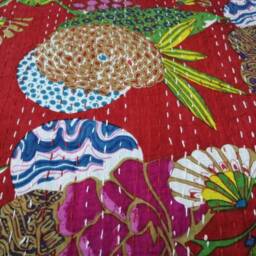 Handmade Indian Red Fruit Kantha Quilt, Decorative Bedspread - 90 X 108 Inches - thumbnail 4