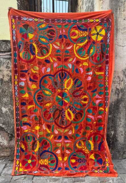 Machine Embroidered Velvet Suzani Throw Blanket - Orange Bohemian Floral Uzbek Sofa Accent - image 1