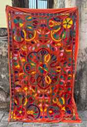 Machine Embroidered Velvet Suzani Throw Blanket - Orange Bohemian Floral Uzbek Sofa Accent - thumbnail 1
