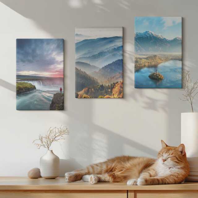 Canvas Art Set Of 3 - Picturesque Mountain Landscapes & Waterfalls in Nature, Blue Photo Print, Wall Decor - image 1