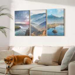 Canvas Art Set Of 3 - Picturesque Mountain Landscapes & Waterfalls in Nature, Blue Photo Print, Wall Decor - thumbnail 2