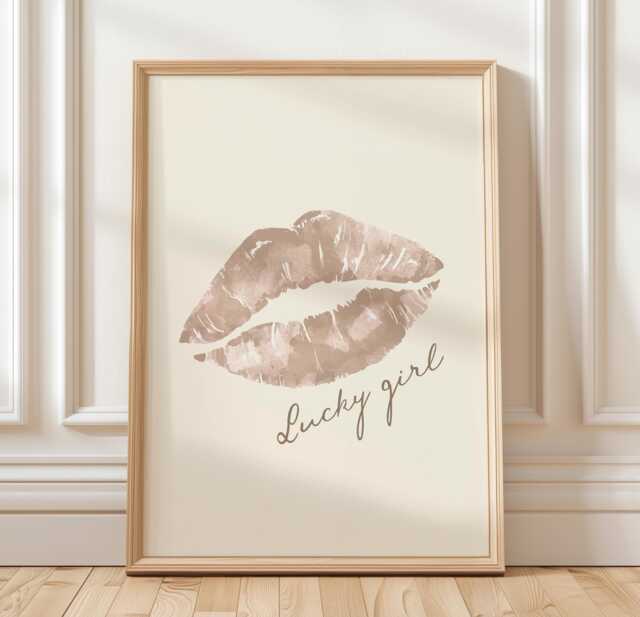 Lips Kiss Beige Poster, Lucky Girl Luxury Fashion Wall Print , Glam Aesthetic Home Decor, Girly Print, Mark Art - image 1