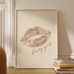 Lips Kiss Beige Poster, Lucky Girl Luxury Fashion Wall Print , Glam Aesthetic Home Decor, Girly Print, Mark Art - thumbnail 3