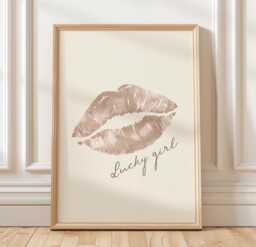 Lips Kiss Beige Poster, Lucky Girl Luxury Fashion Wall Print , Glam Aesthetic Home Decor, Girly Print, Mark Art - thumbnail 1