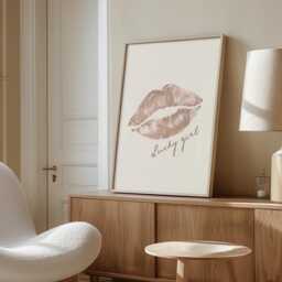 Lips Kiss Beige Poster, Lucky Girl Luxury Fashion Wall Print , Glam Aesthetic Home Decor, Girly Print, Mark Art - thumbnail 2