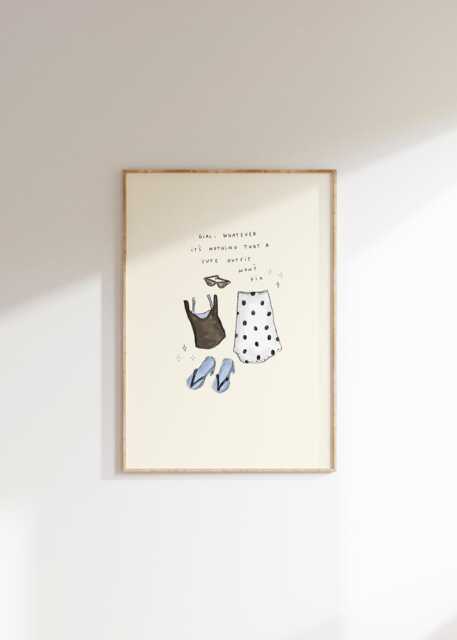 Nothing A Cute Outfit Won't Fix Wall Print - Girl Whatever Poster Fashion Illustration Polkadot Skirt, Sandals, Layered Top, Sunglasses - image 1
