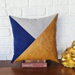16x16''(41x41cm Oscar Camel-Navy Blue-Light Gray Color Triangle Diagonal Design Faux Leather Pillow Cover - 1Pcs - thumbnail 2