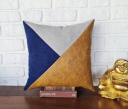 16x16''(41x41cm Oscar Camel-Navy Blue-Light Gray Color Triangle Diagonal Design Faux Leather Pillow Cover - 1Pcs - thumbnail 1