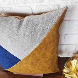 16x16''(41x41cm Oscar Camel-Navy Blue-Light Gray Color Triangle Diagonal Design Faux Leather Pillow Cover - 1Pcs - thumbnail 3