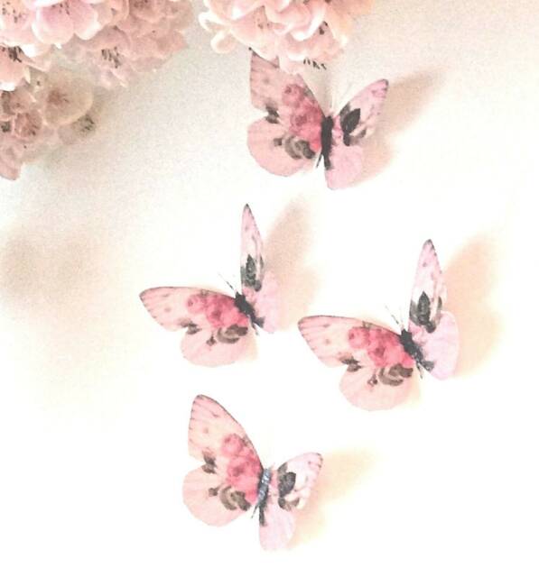 Pink Rose Butterfly Wall Decals Sparkling 3D Nursery Decor - Set Of 4 - image 1