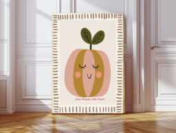 Cute Peach Nursery Print, Baby Art, Fruit Whimsical Animal Kids Room Decor, Art Decor - thumbnail 1