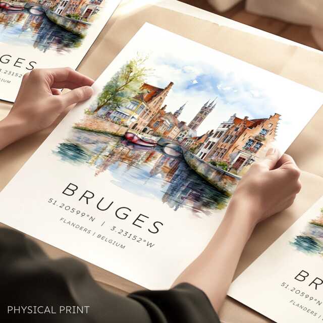 Bruges Travel Prints, Location Coordinates, European City Landmark Cards, Belgium Wall Art, Landmarks, Gallery - image 1