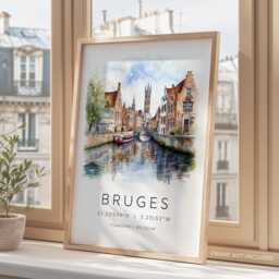 Bruges Travel Prints, Location Coordinates, European City Landmark Cards, Belgium Wall Art, Landmarks, Gallery - thumbnail 3