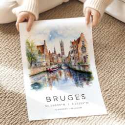 Bruges Travel Prints, Location Coordinates, European City Landmark Cards, Belgium Wall Art, Landmarks, Gallery - thumbnail 2