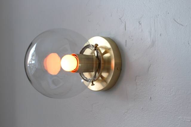 Wall Sconce Lamp, Brass Flush Mount Light, Clear Glass Bubble Globe Shade, Modern Industrial Lighting Fixture, Wire in Or Plug - image 1
