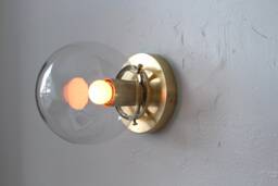 Wall Sconce Lamp, Brass Flush Mount Light, Clear Glass Bubble Globe Shade, Modern Industrial Lighting Fixture, Wire in Or Plug