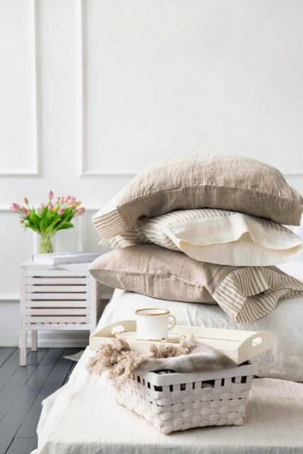 Natural Linen Pillowcase Washed Flax With Contrasting Hem - image 1