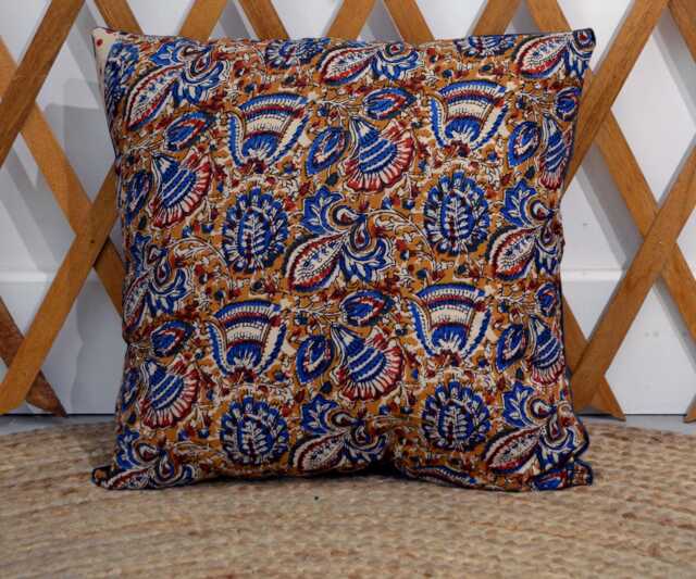 40x40cm Cushion - Handmade in France Blockprint Floral Cotton & Velvet - image 1