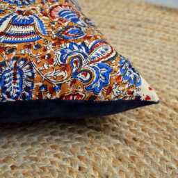 40x40cm Cushion - Handmade in France Blockprint Floral Cotton & Velvet - thumbnail 3