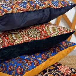 40x40cm Cushion - Handmade in France Blockprint Floral Cotton & Velvet - thumbnail 4
