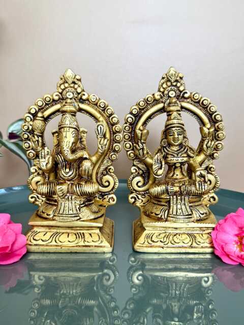Brass Lakshmi & Ganesha Idols 14cm Ganesh Laxmi Statues For Diwali Pooja Murti Set Home Temple Decor Housewarming Gifts - image 1