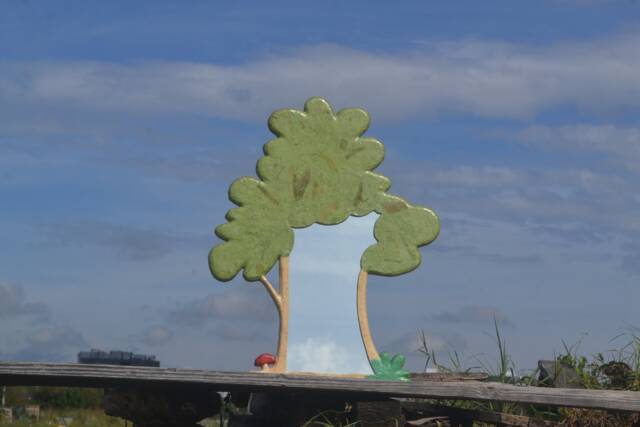 Tree Shaped Mirror W. Red Mushroom, Large Paper-Mache Mirror, Decorative Wall Bohemian Furniture, Nature Inspired, Green Mirror - image 1
